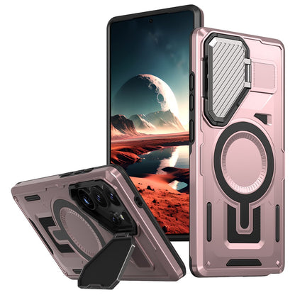For Samsung Galaxy S25 Ultra Magnetic Case Lens Lid Kickstand PC+TPU Back Cover