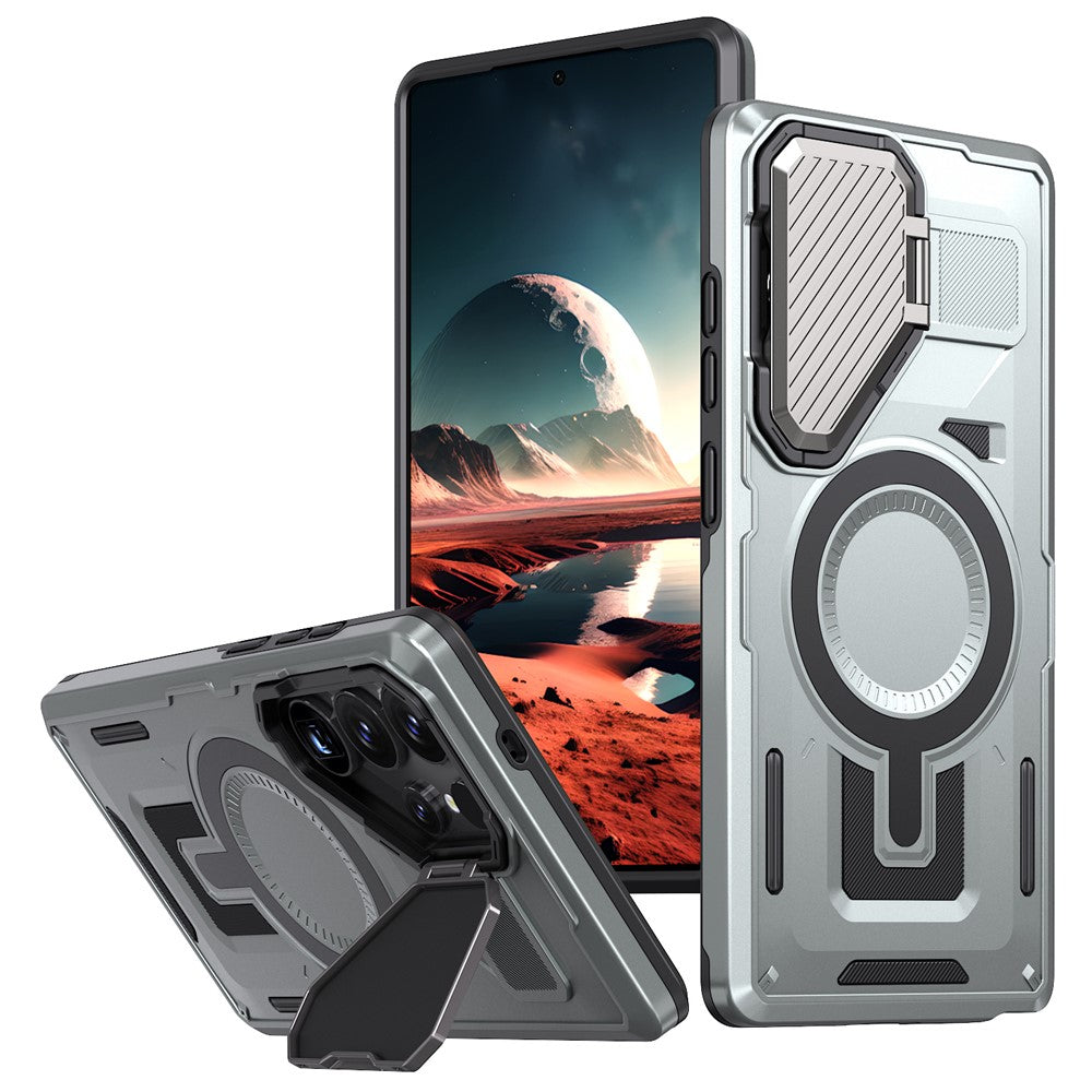 For Samsung Galaxy S25 Ultra Magnetic Case Lens Lid Kickstand PC+TPU Back Cover