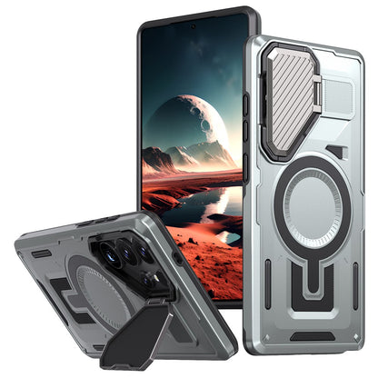 For Samsung Galaxy S25 Ultra Magnetic Case Lens Lid Kickstand PC+TPU Back Cover