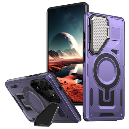 For Samsung Galaxy S25 Ultra Magnetic Case Lens Lid Kickstand PC+TPU Back Cover