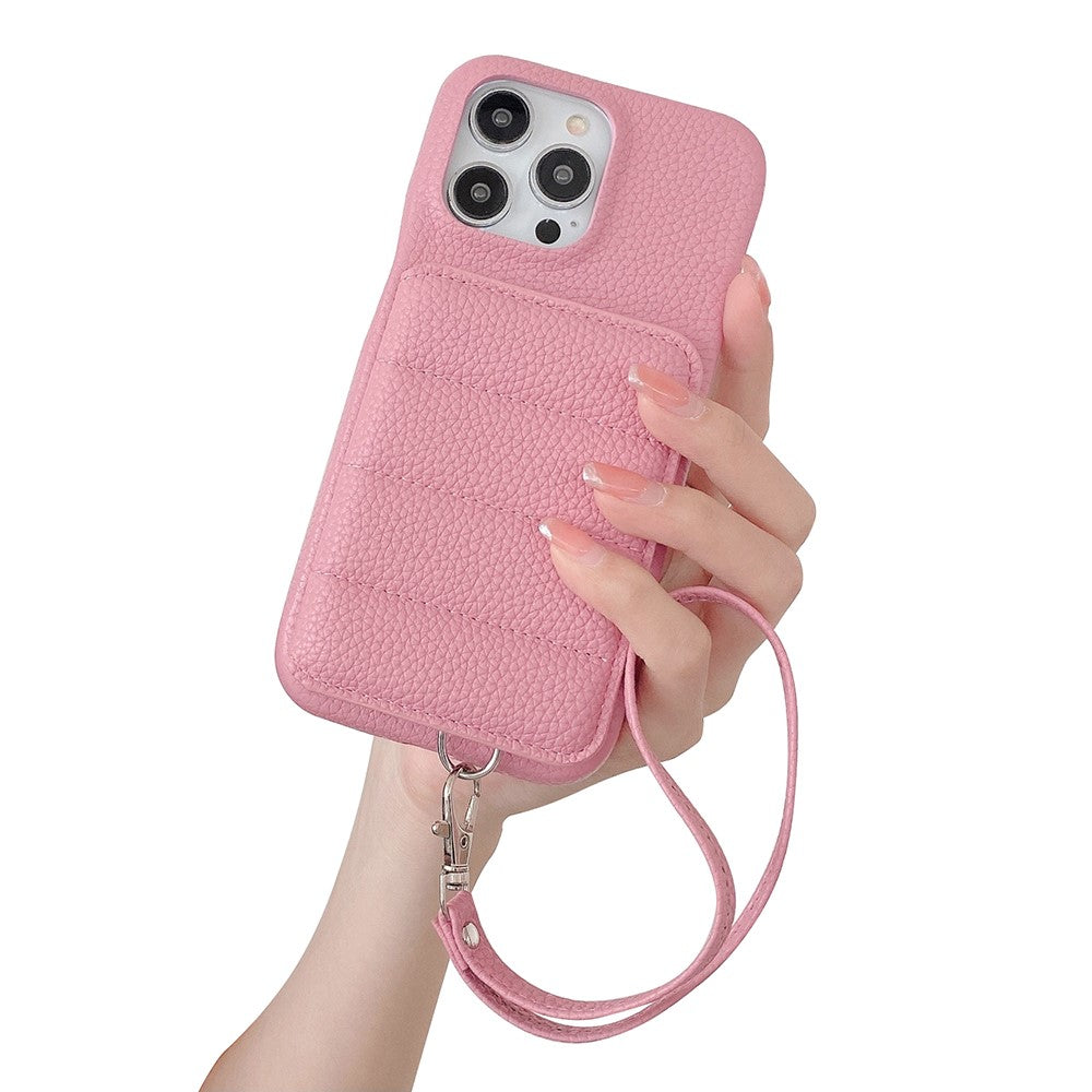 For iPhone 14 Pro Case Card Slots Kickstand PU Leather + PET Phone Cover with Wrist Strap