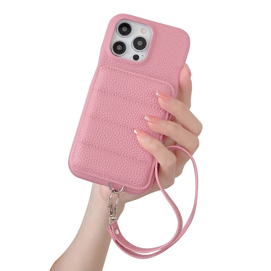 For iPhone 14 Pro Case Card Slots Kickstand PU Leather + PET Phone Cover with Wrist Strap