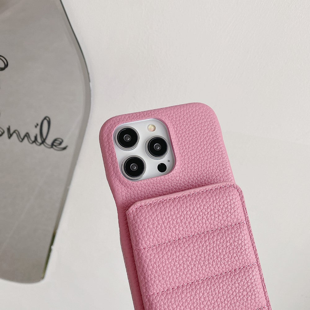 For iPhone 14 Pro Case Card Slots Kickstand PU Leather + PET Phone Cover with Wrist Strap