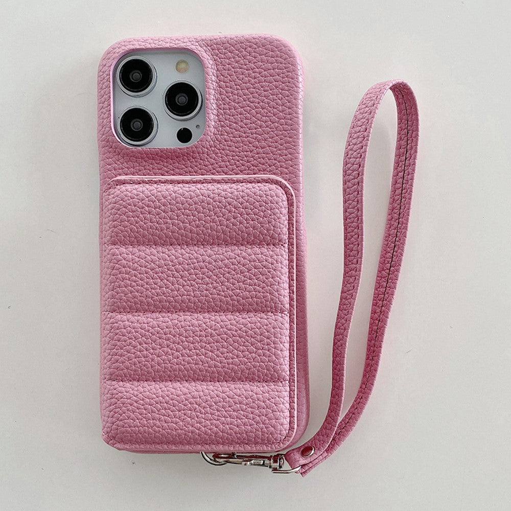 For iPhone 14 Pro Case Card Slots Kickstand PU Leather + PET Phone Cover with Wrist Strap