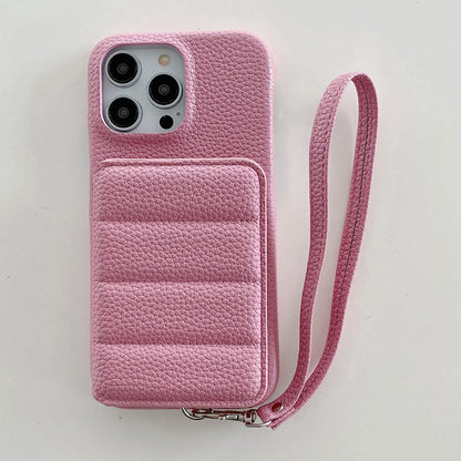 For iPhone 14 Pro Case Card Slots Kickstand PU Leather + PET Phone Cover with Wrist Strap