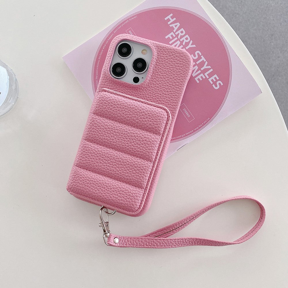 For iPhone 14 Pro Case Card Slots Kickstand PU Leather + PET Phone Cover with Wrist Strap