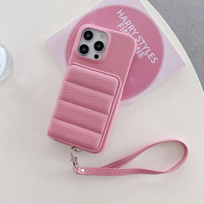 For iPhone 14 Pro Case Card Slots Kickstand PU Leather + PET Phone Cover with Wrist Strap