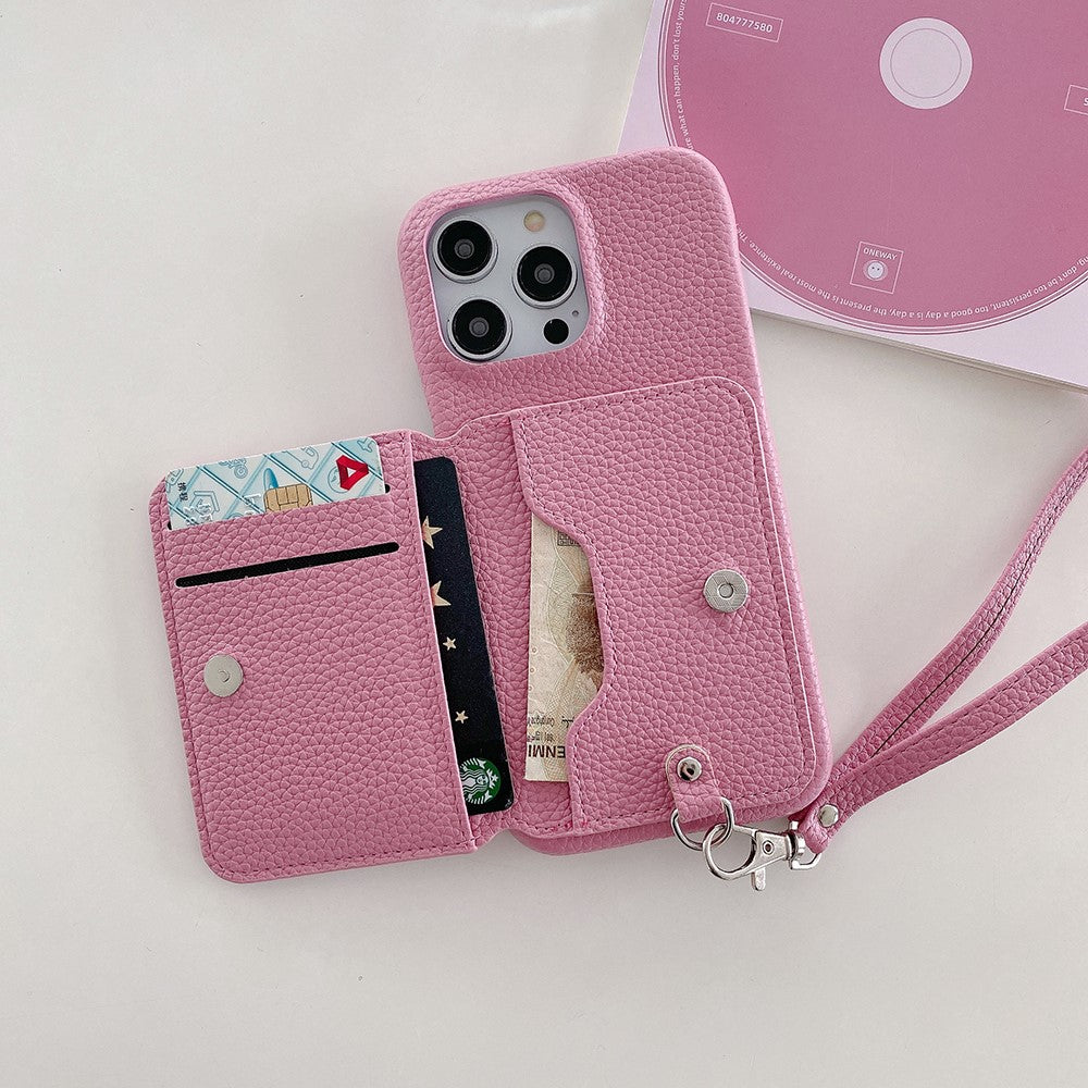For iPhone 14 Pro Case Card Slots Kickstand PU Leather + PET Phone Cover with Wrist Strap