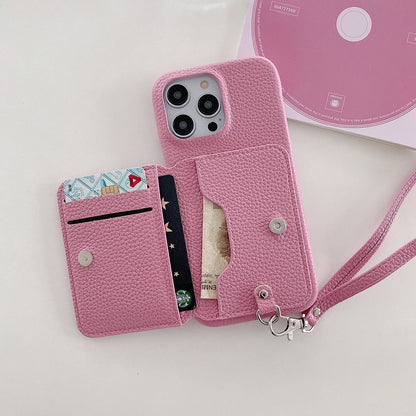 For iPhone 14 Pro Case Card Slots Kickstand PU Leather + PET Phone Cover with Wrist Strap