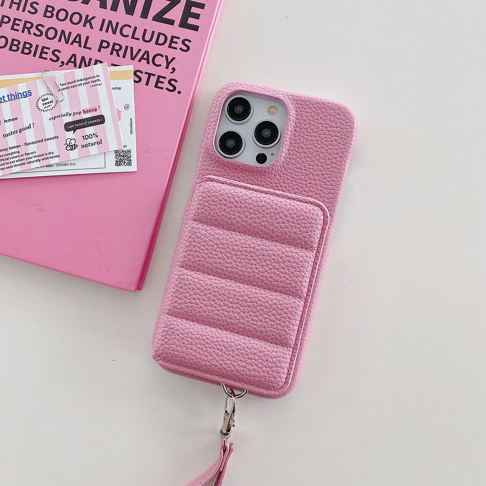 For iPhone 14 Pro Case Card Slots Kickstand PU Leather + PET Phone Cover with Wrist Strap