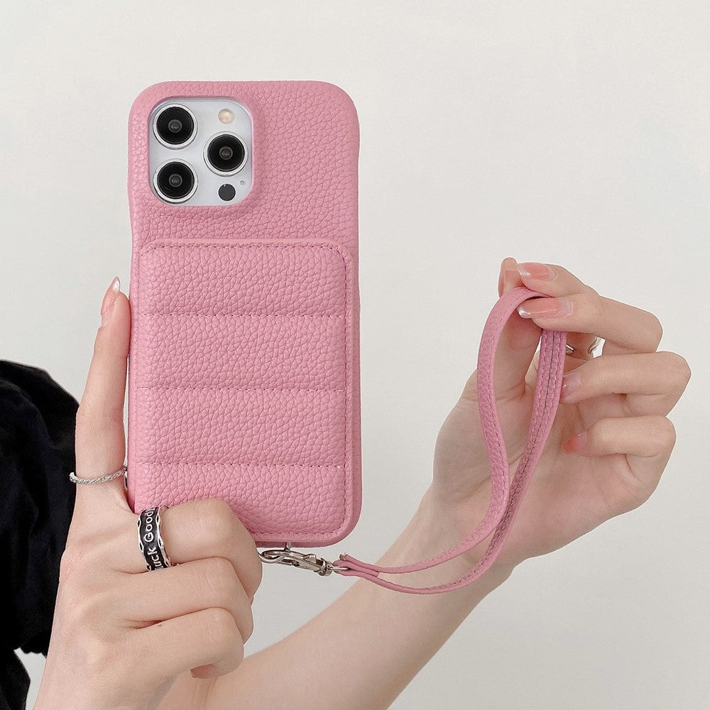 For iPhone 14 Pro Case Card Slots Kickstand PU Leather + PET Phone Cover with Wrist Strap