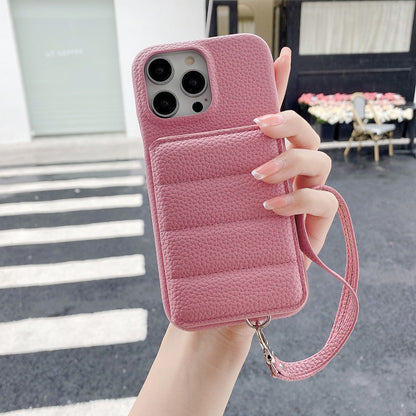 For iPhone 14 Pro Case Card Slots Kickstand PU Leather + PET Phone Cover with Wrist Strap