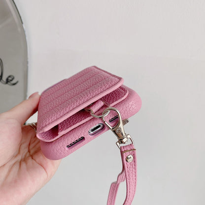 For iPhone 14 Pro Case Card Slots Kickstand PU Leather + PET Phone Cover with Wrist Strap