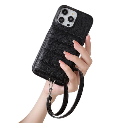 For iPhone 14 Pro Case Card Slots Kickstand PU Leather + PET Phone Cover with Wrist Strap