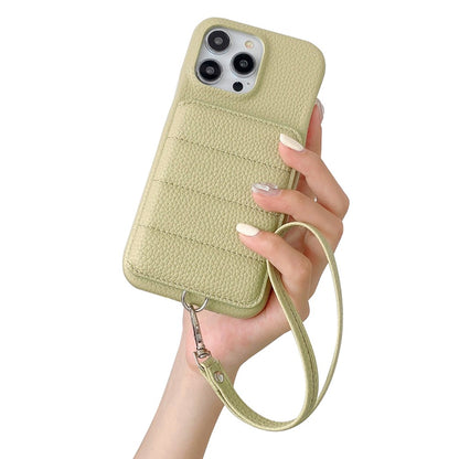 For iPhone 14 Pro Case Card Slots Kickstand PU Leather + PET Phone Cover with Wrist Strap