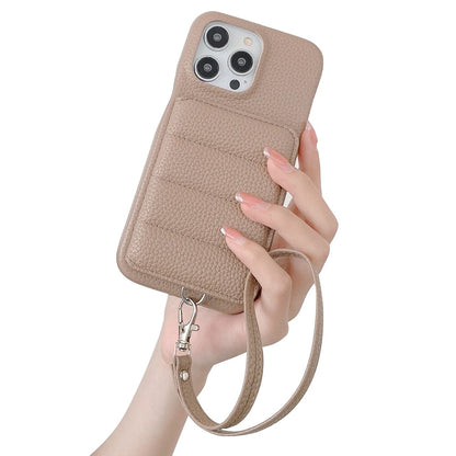 For iPhone 14 Pro Case Card Slots Kickstand PU Leather + PET Phone Cover with Wrist Strap