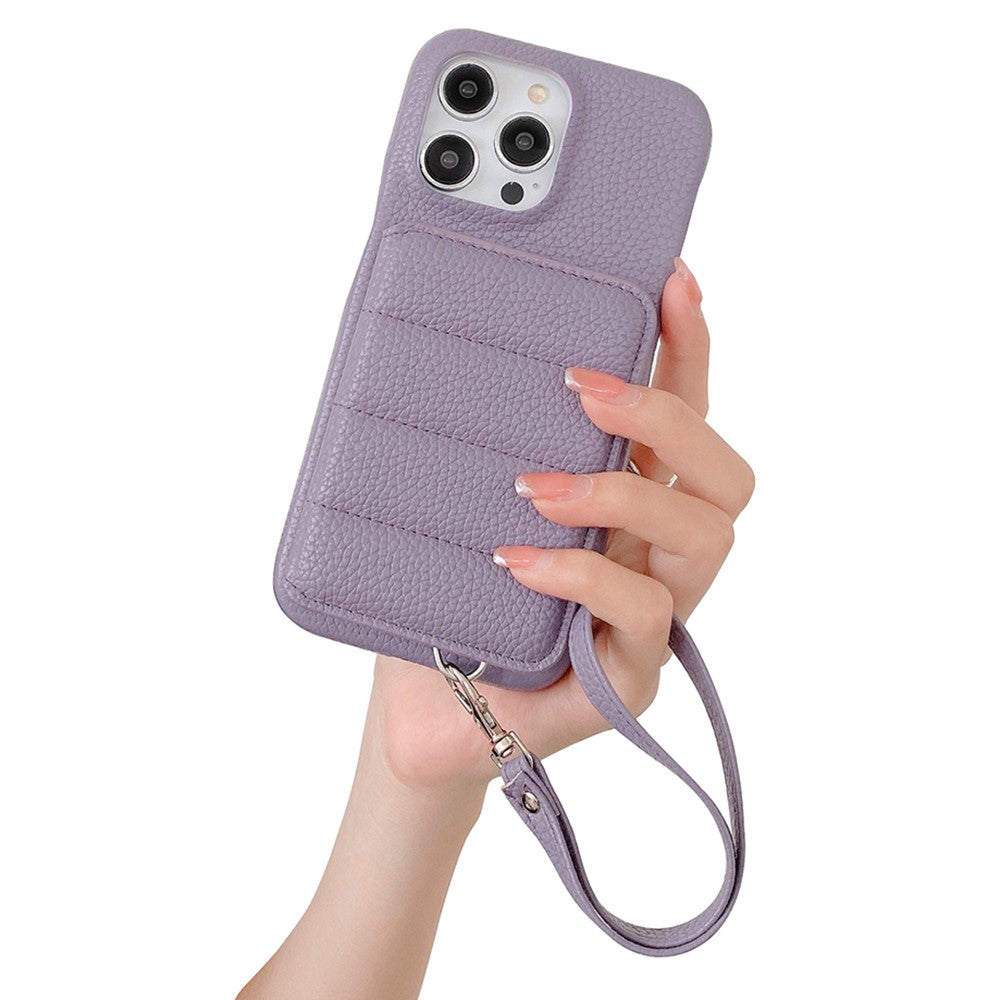 For iPhone 14 Pro Case Card Slots Kickstand PU Leather + PET Phone Cover with Wrist Strap