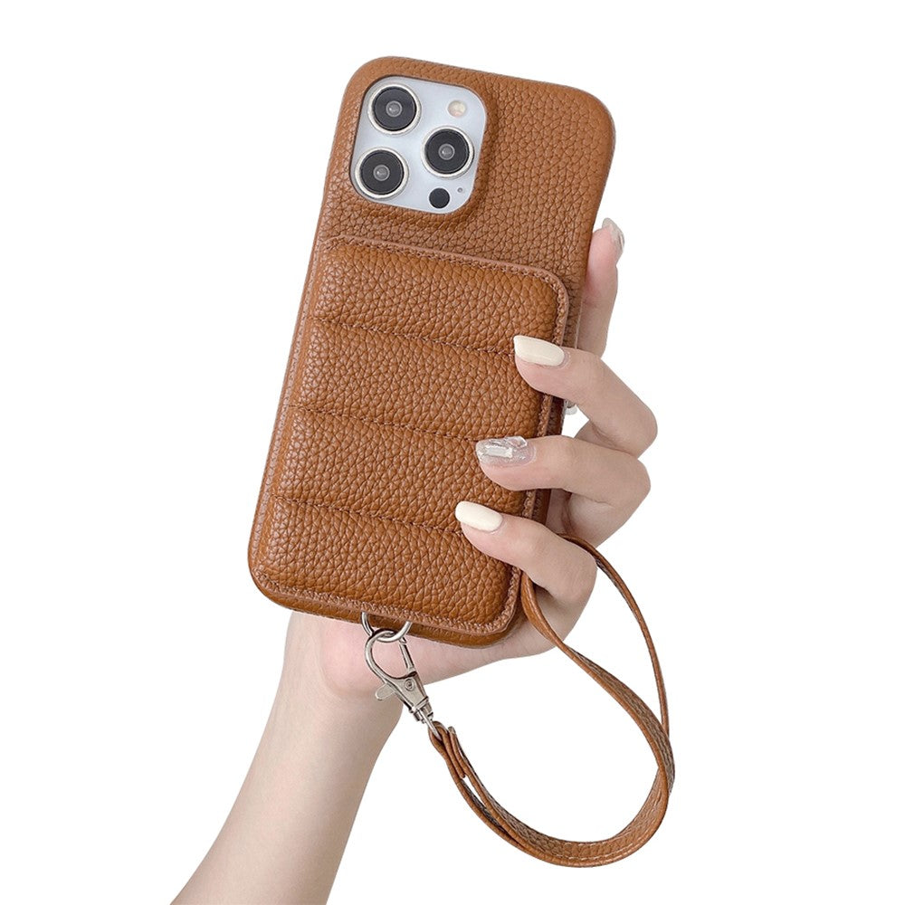 For iPhone 14 Pro Case Card Slots Kickstand PU Leather + PET Phone Cover with Wrist Strap