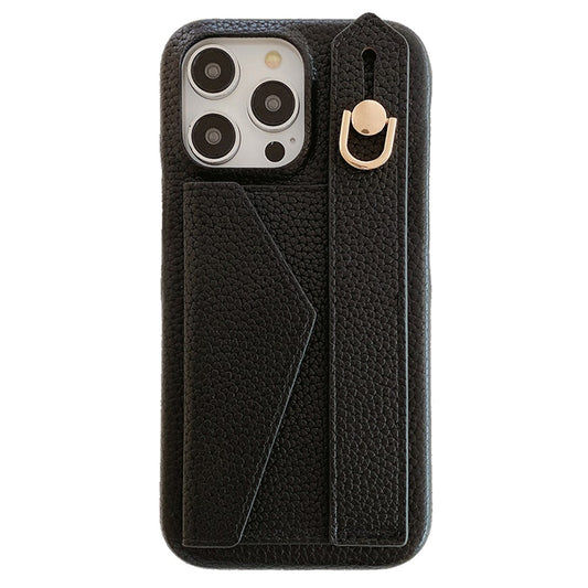 For iPhone 14 Pro Case with Card Slot Wristband Kickstand PU Leather+PET Phone Cover