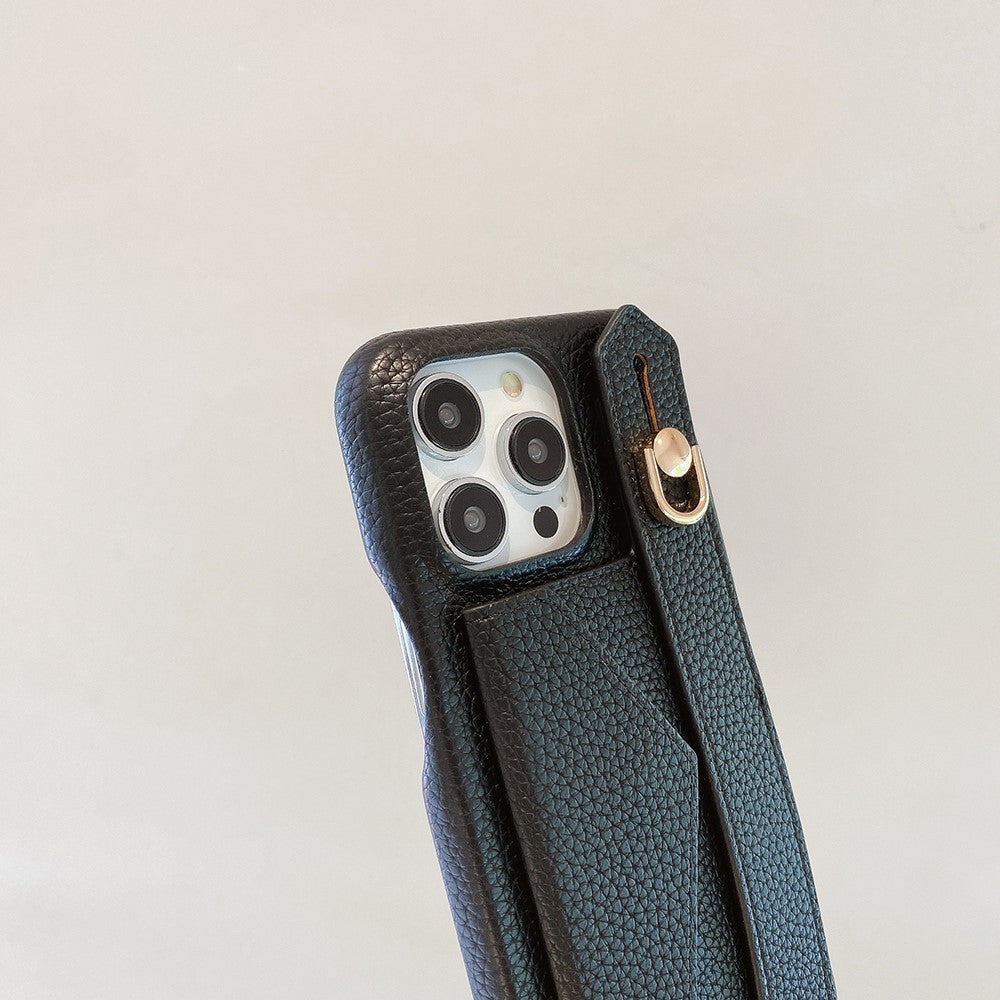 For iPhone 14 Pro Case with Card Slot Wristband Kickstand PU Leather+PET Phone Cover