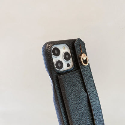 For iPhone 14 Pro Case with Card Slot Wristband Kickstand PU Leather+PET Phone Cover