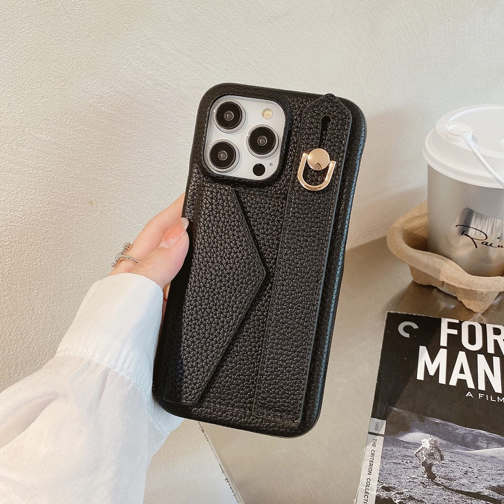 For iPhone 14 Pro Case with Card Slot Wristband Kickstand PU Leather+PET Phone Cover
