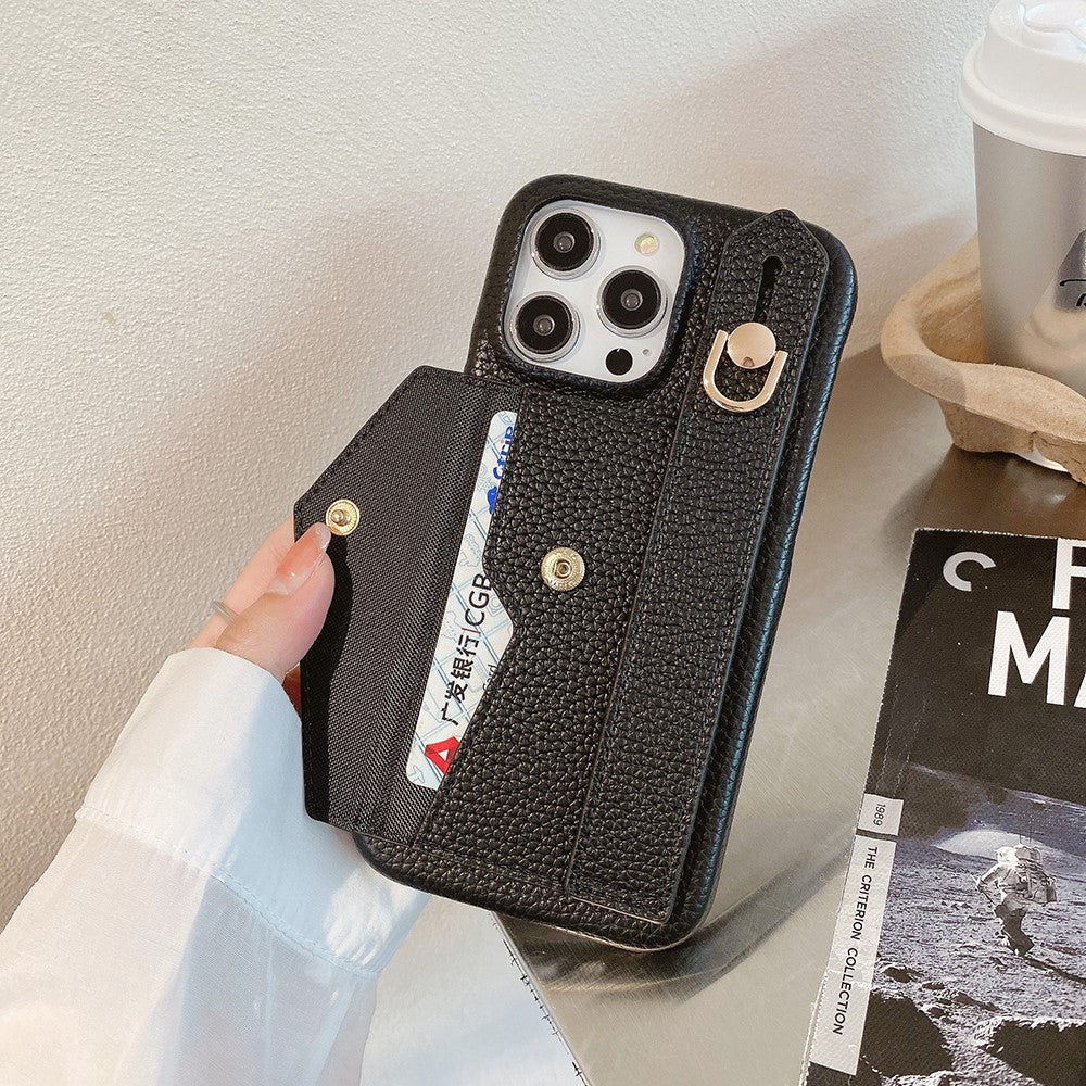 For iPhone 14 Pro Case with Card Slot Wristband Kickstand PU Leather+PET Phone Cover