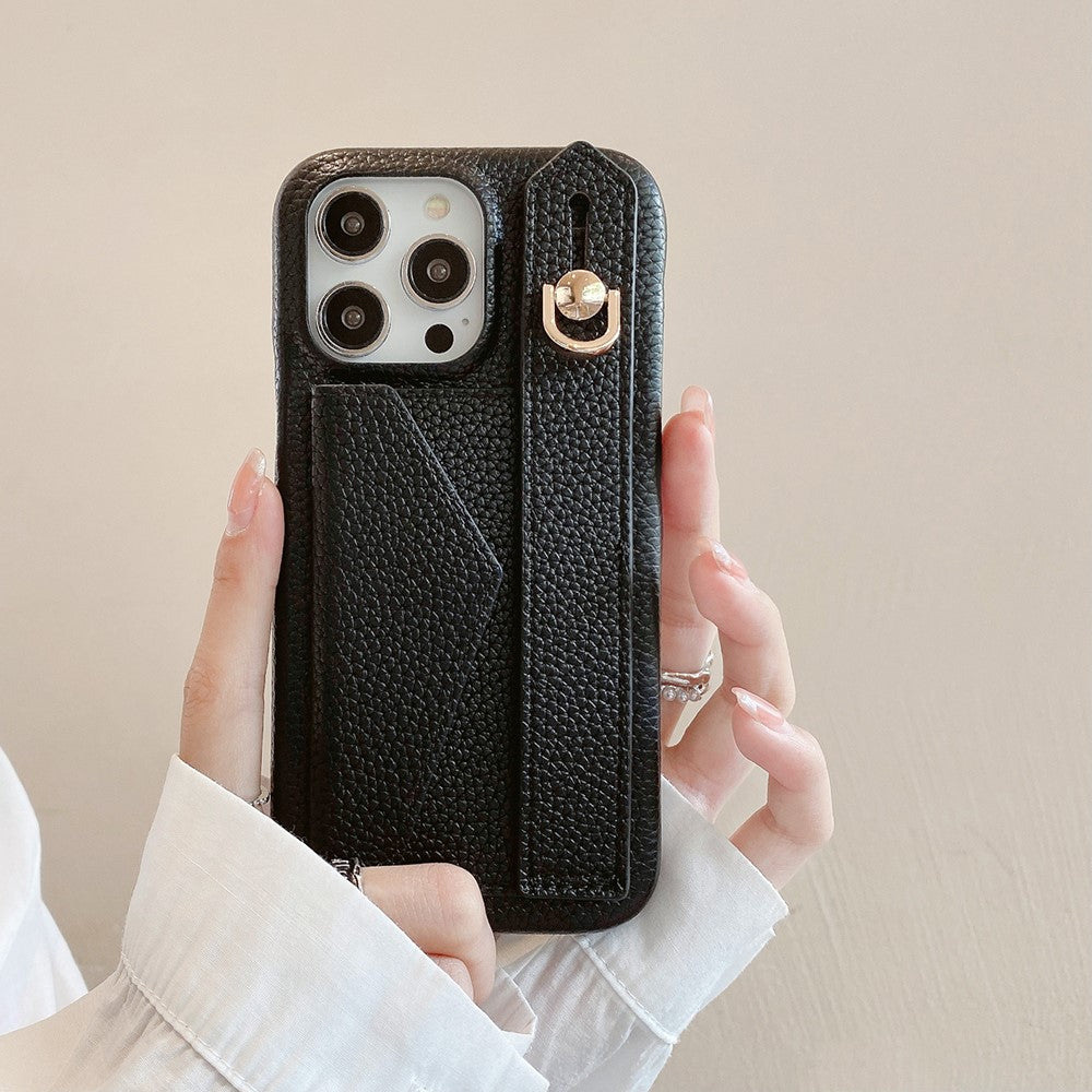 For iPhone 14 Pro Case with Card Slot Wristband Kickstand PU Leather+PET Phone Cover