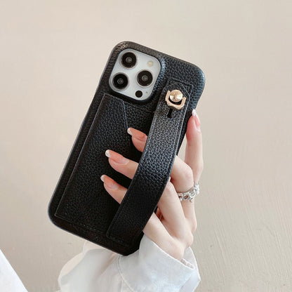 For iPhone 14 Pro Case with Card Slot Wristband Kickstand PU Leather+PET Phone Cover