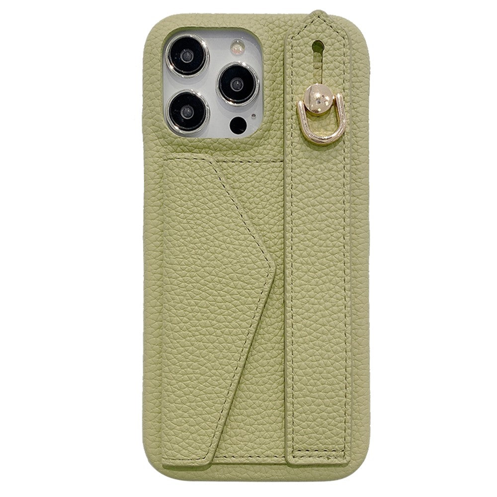 For iPhone 14 Pro Case with Card Slot Wristband Kickstand PU Leather+PET Phone Cover