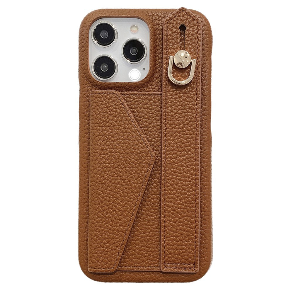 For iPhone 14 Pro Case with Card Slot Wristband Kickstand PU Leather+PET Phone Cover