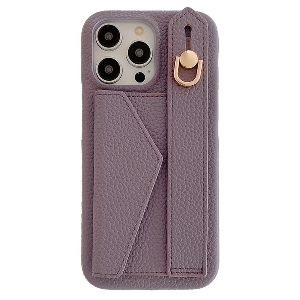 For iPhone 14 Pro Case with Card Slot Wristband Kickstand PU Leather+PET Phone Cover
