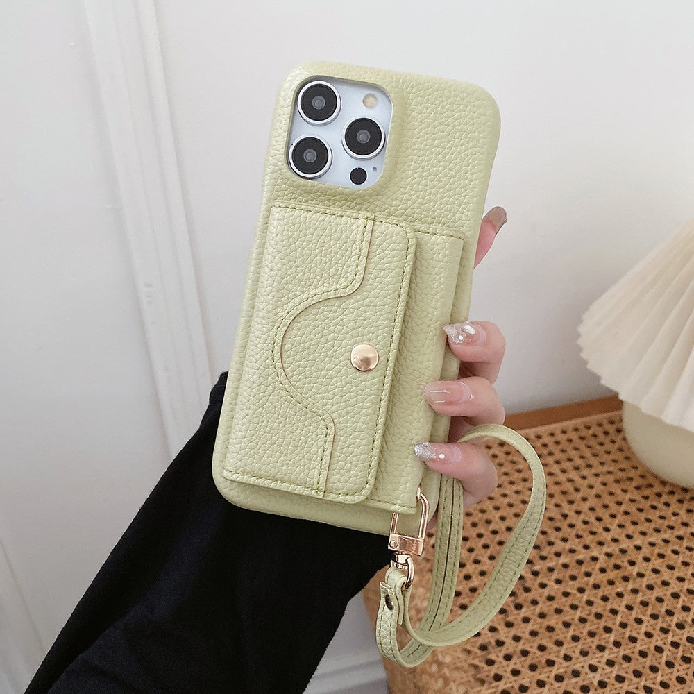 For iPhone 14 Pro Case Mirror Design PU Leather Back Cover with Card Slots, Wrist Strap