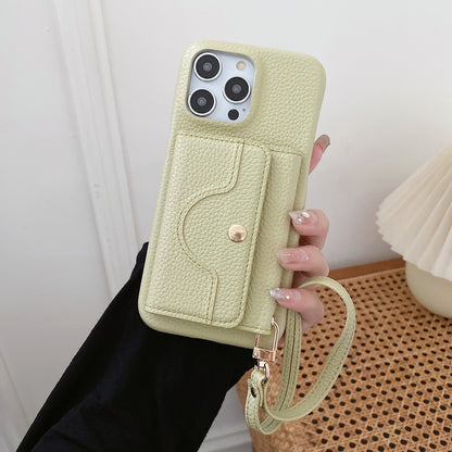 For iPhone 14 Pro Case Mirror Design PU Leather Back Cover with Card Slots, Wrist Strap