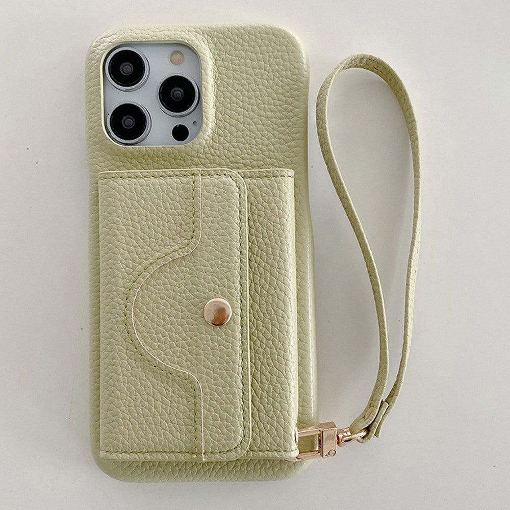 For iPhone 14 Pro Case Mirror Design PU Leather Back Cover with Card Slots, Wrist Strap