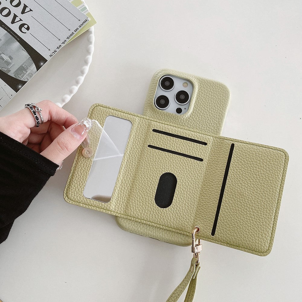 For iPhone 14 Pro Case Mirror Design PU Leather Back Cover with Card Slots, Wrist Strap