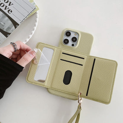 For iPhone 14 Pro Case Mirror Design PU Leather Back Cover with Card Slots, Wrist Strap