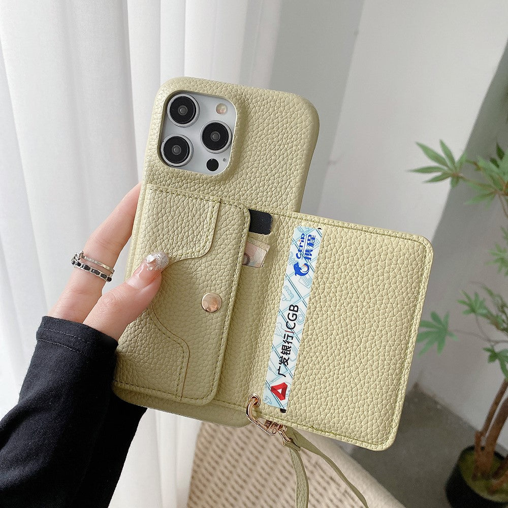 For iPhone 14 Pro Case Mirror Design PU Leather Back Cover with Card Slots, Wrist Strap