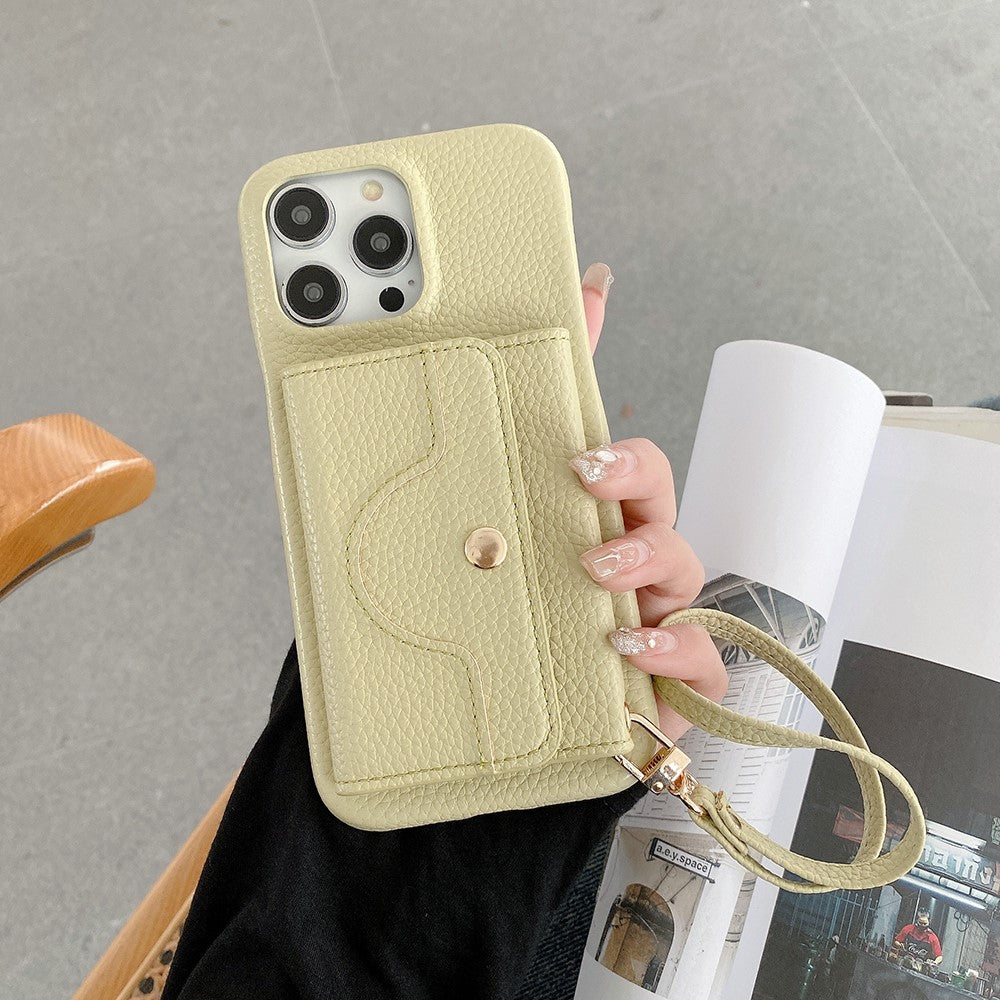 For iPhone 14 Pro Case Mirror Design PU Leather Back Cover with Card Slots, Wrist Strap