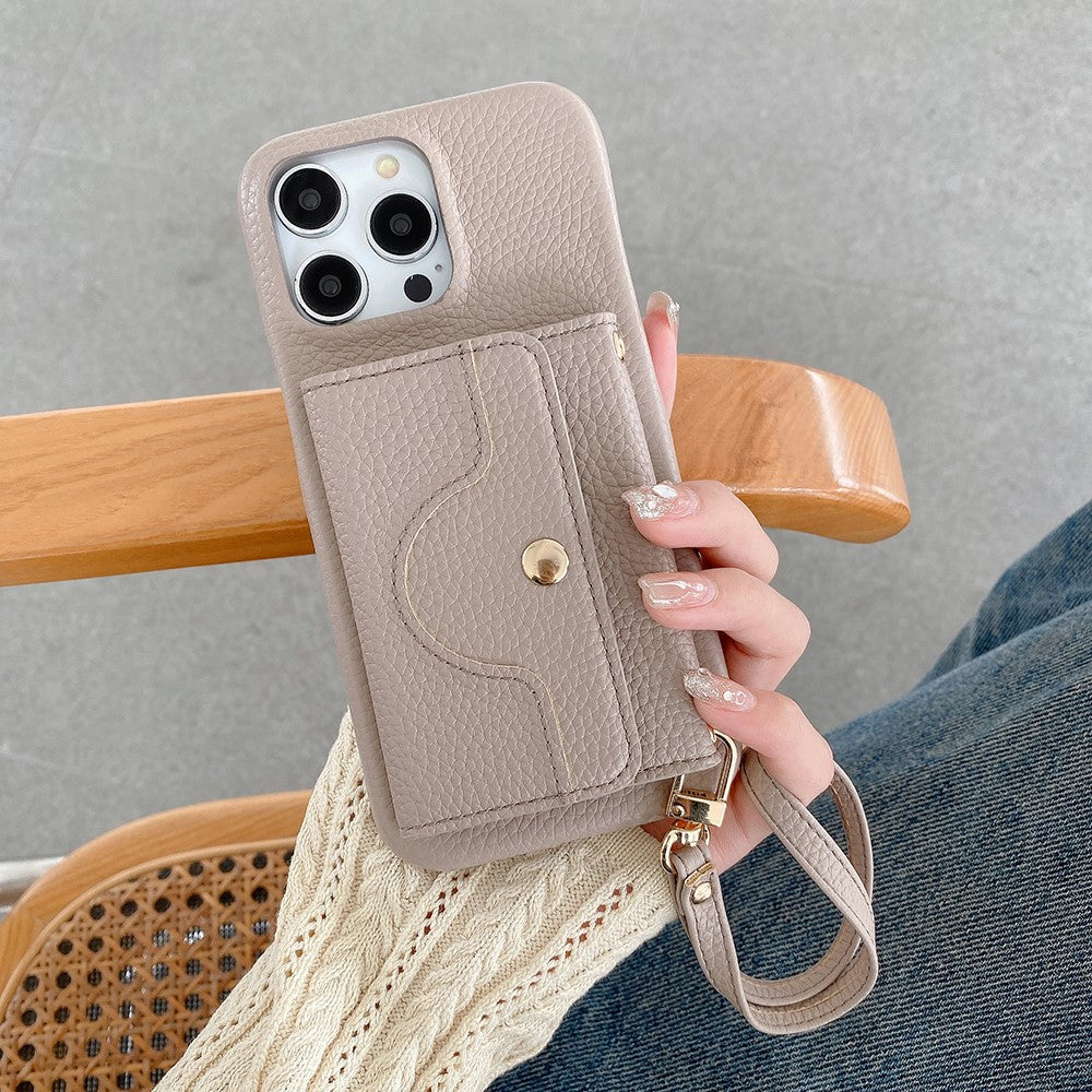 For iPhone 14 Pro Case Mirror Design PU Leather Back Cover with Card Slots, Wrist Strap