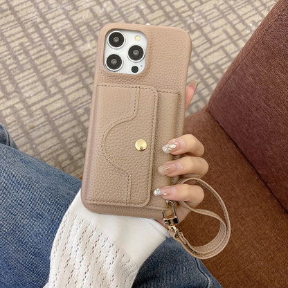 For iPhone 14 Pro Case Mirror Design PU Leather Back Cover with Card Slots, Wrist Strap