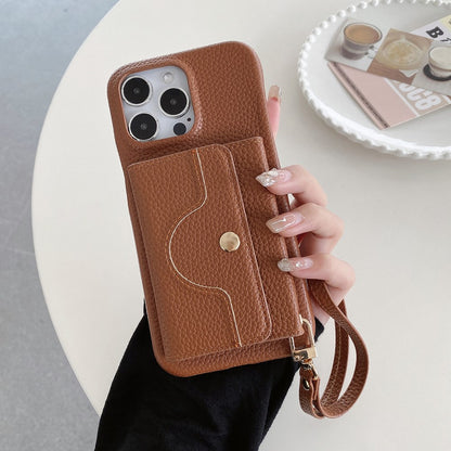 For iPhone 14 Pro Case Mirror Design PU Leather Back Cover with Card Slots, Wrist Strap