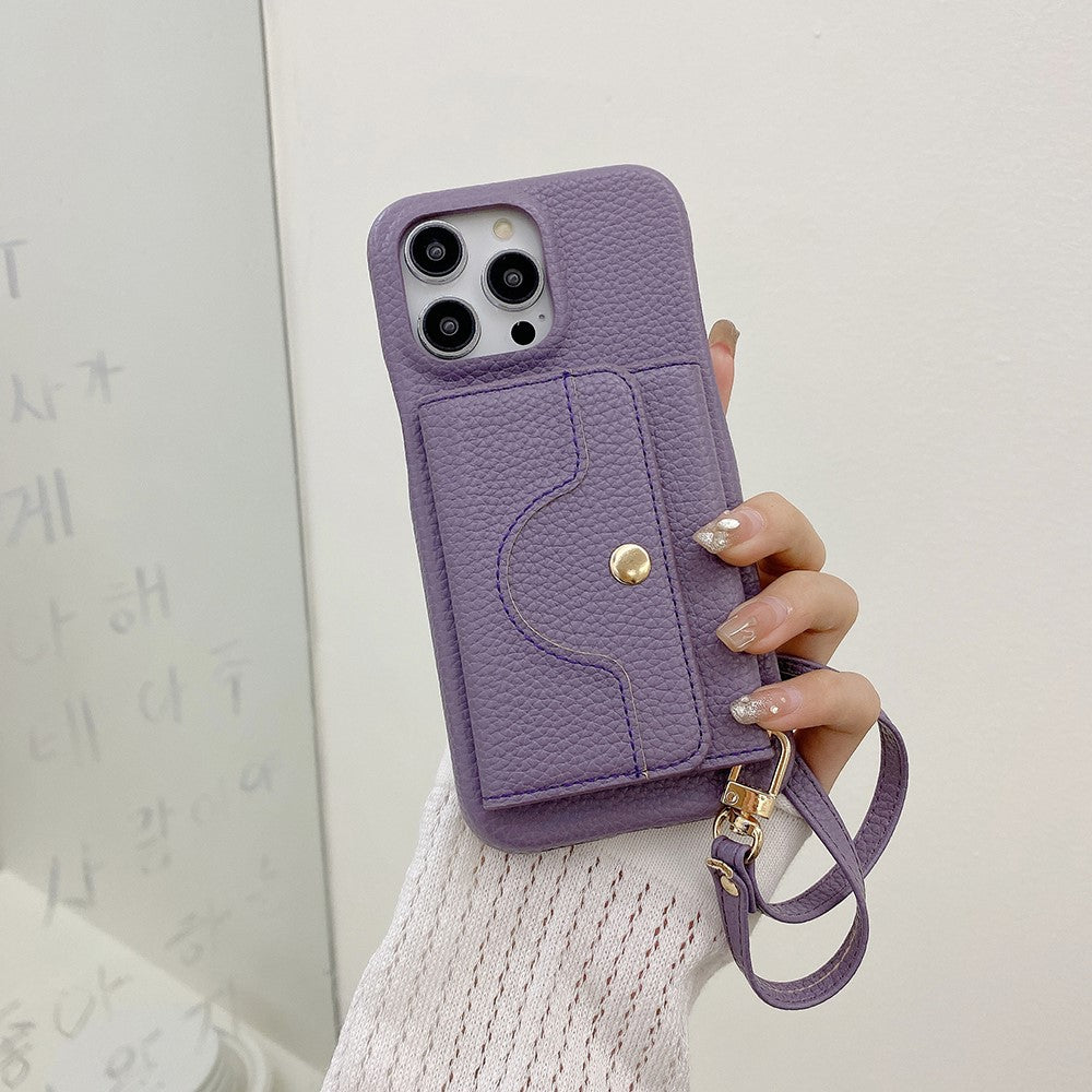 For iPhone 14 Pro Case Mirror Design PU Leather Back Cover with Card Slots, Wrist Strap