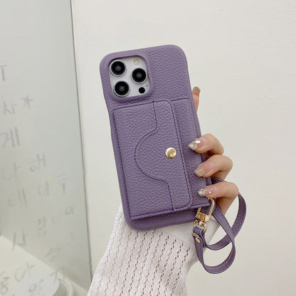 For iPhone 14 Pro Case Mirror Design PU Leather Back Cover with Card Slots, Wrist Strap