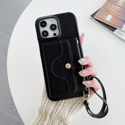 For iPhone 14 Pro Case Mirror Design PU Leather Back Cover with Card Slots, Wrist Strap