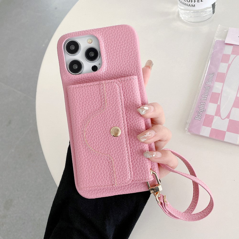For iPhone 14 Pro Case Mirror Design PU Leather Back Cover with Card Slots, Wrist Strap