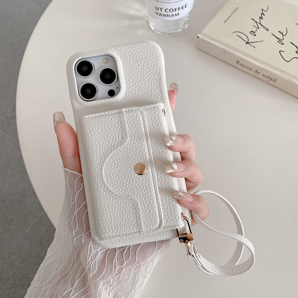 For iPhone 14 Pro Case Mirror Design PU Leather Back Cover with Card Slots, Wrist Strap