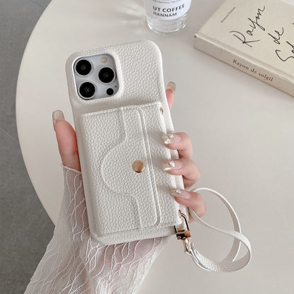For iPhone 14 Pro Case Mirror Design PU Leather Back Cover with Card Slots, Wrist Strap