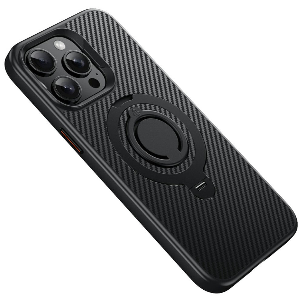 For iPhone 14 Pro Case Compatible with MagSafe Kickstand Carbon Fiber Texture PC + TPU Back Cover with Silicone Ring