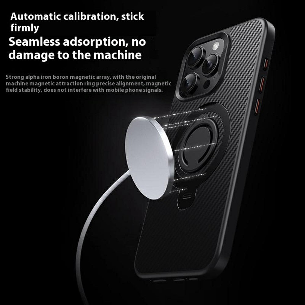 For iPhone 14 Pro Case Compatible with MagSafe Kickstand Carbon Fiber Texture PC + TPU Back Cover with Silicone Ring